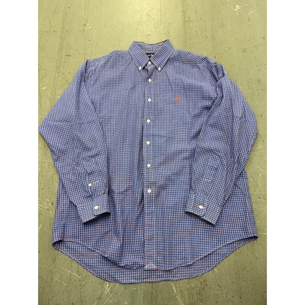 Ralph Lauren Shirt Men L Blue Check Pony Embroidered Classic Fit Business Casual